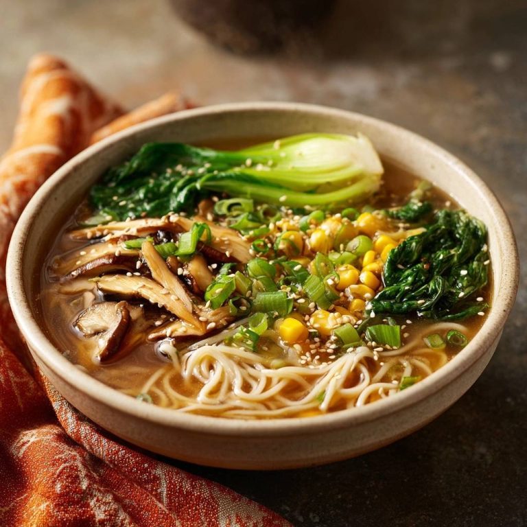 Shiitake-Nudel-Suppe in einer Schüssel, von oben aufgenommen. In der Suppe sind Nudeln, Shiitake-Pilze, Mais und Bok Choy-Gemüse zu sehen.