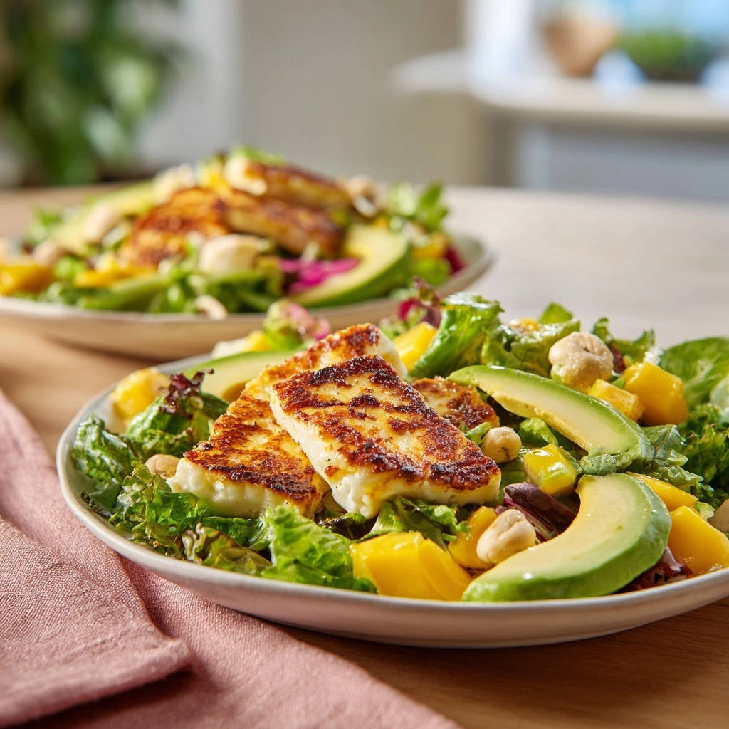 Sommerlicher Halloumi Salat Mit Mango Serviert 1 Sommerlicher Halloumi-Salat mit Mango und Avocado serviert auf einem weißen Teller. Der Salat ist mit gegrilltem Halloumi belegt.