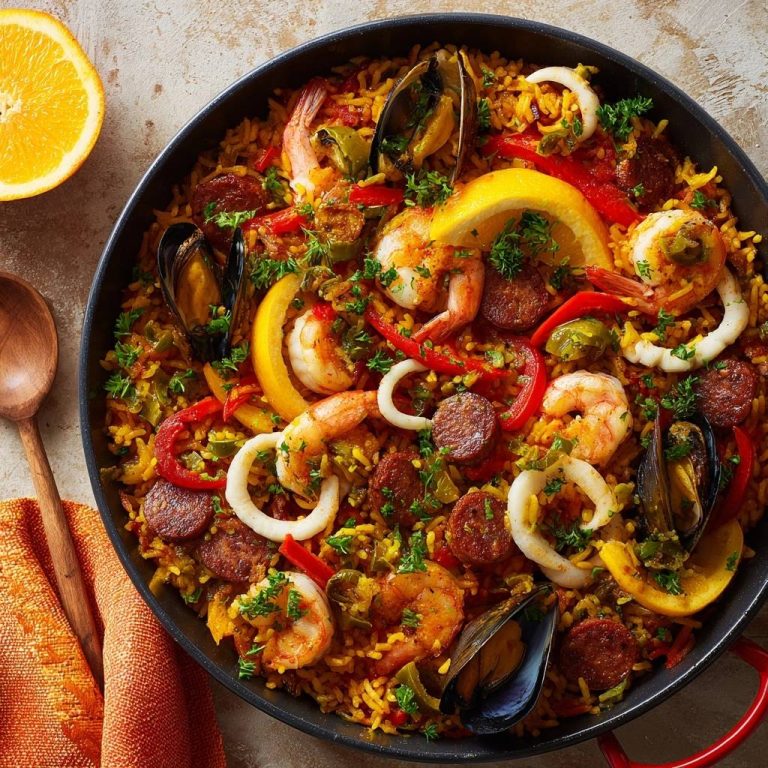 Spanische Meeresfrucht-Paella, draufsicht. Eine köstliche Paella mit Meeresfrüchten, Chorizo, Zitronenspalten und frischen Kräutern, appetitlich angerichtet.