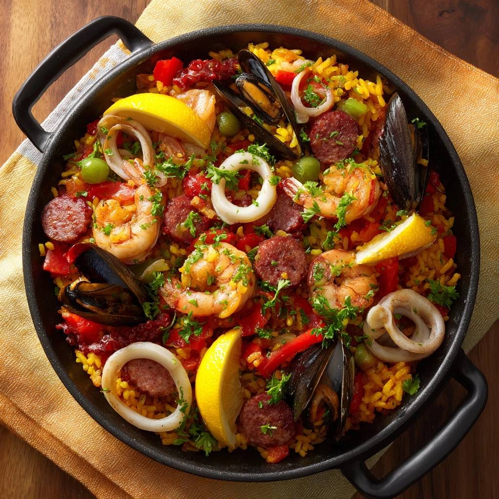 Spanische Meeresfrucht Paella Draufsicht Serviert 1 Spanische Meeresfrucht-Paella, serviert in einer Pfanne, zeigt eine köstliche Draufsicht mit Garnelen, Muscheln, Chorizo und Zitronenspalten.