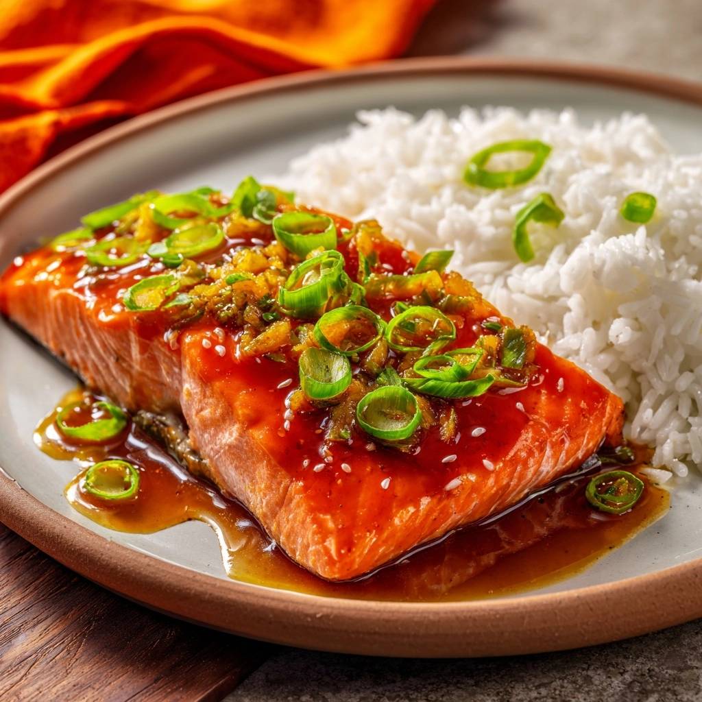 Teriyaki Lachs Mit Reis Serviert 1 Teriyaki-Lachs mit Reis serviert auf einem Teller mit einer Portion fluffigem Reis, garniert mit frischen Frühlingszwiebeln.