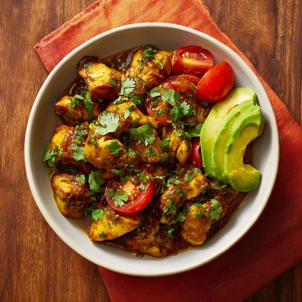 Thai Gelbes Huhnercurry Draufsicht Mit Avocado 1 Thai-Gelbes Hühnercurry in einer Schüssel serviert, garniert mit frischem Koriander, Tomaten und Avocado-Scheiben, Blick von oben.