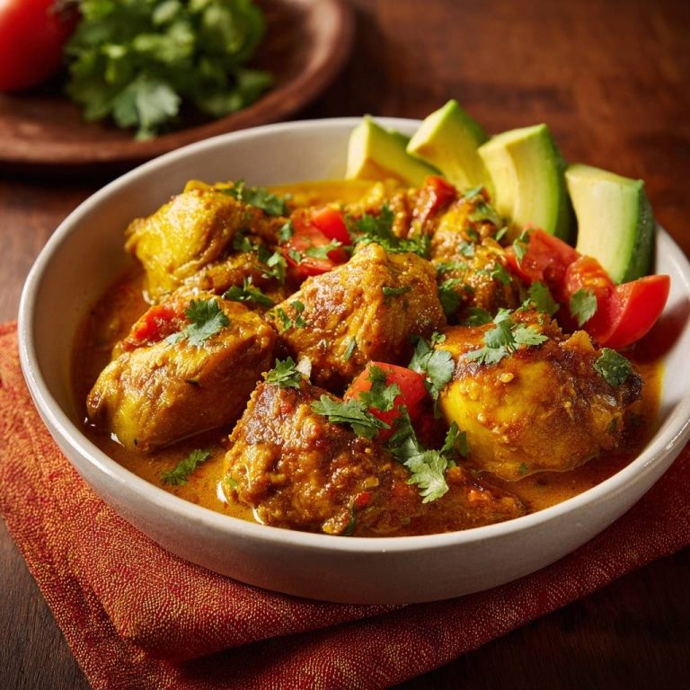 Thai-Gelbes Hühnercurry in einer Schüssel serviert, mit frischen Tomaten, Avocado und Koriander garniert.