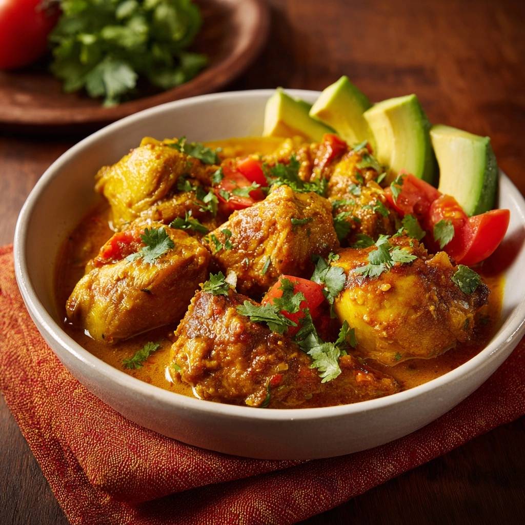 Thai-Gelbes Hühnercurry in einer Schüssel serviert, mit frischen Tomaten, Avocado und Koriander garniert.