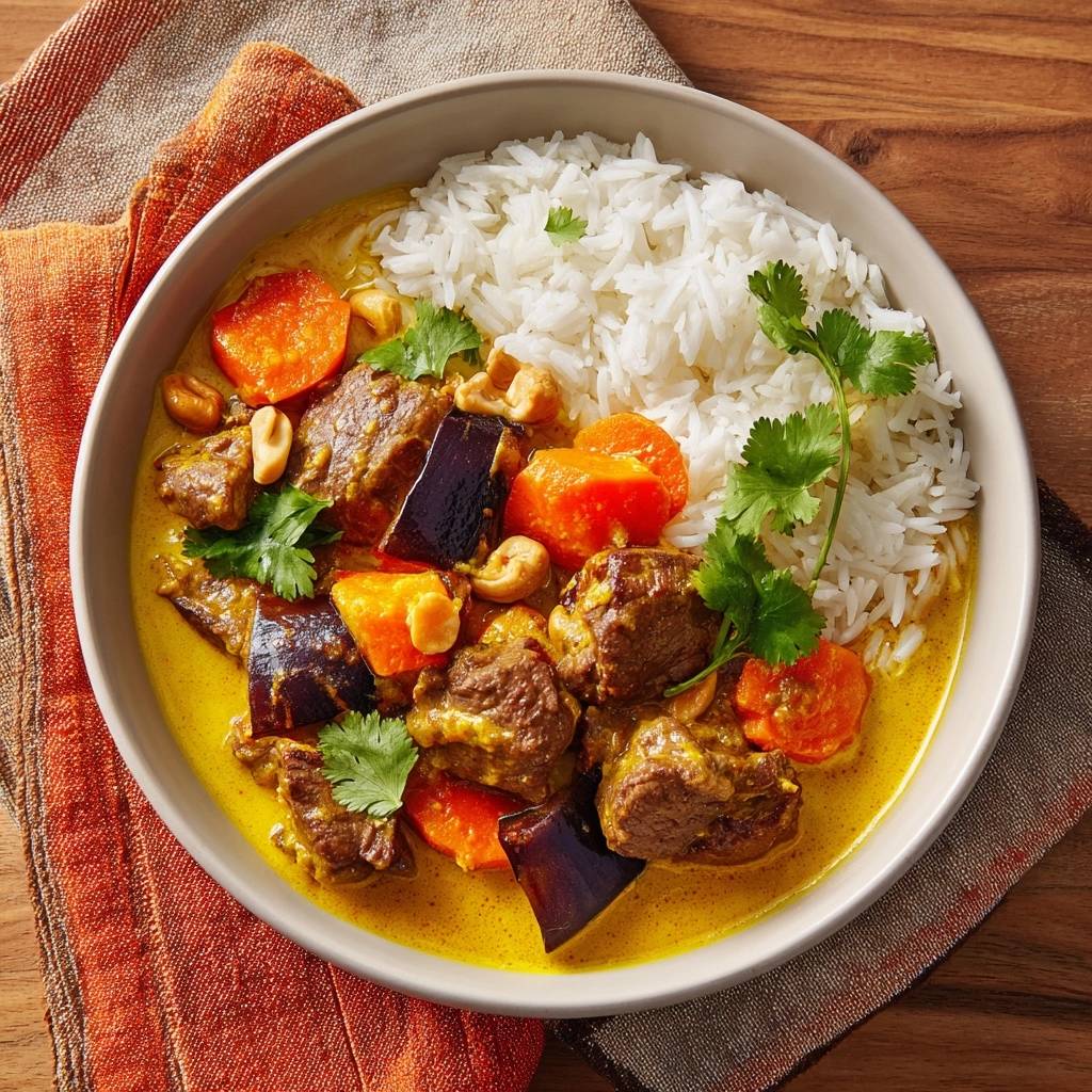 Thailndisches Rind Gelbcurry Mit Aubergine Cashews Draufsich 1 Thailändisches Rind-Gelbcurry mit Aubergine & Cashews, serviert in einer Schüssel mit Reis, Karotten, Auberginen und Cashewnüssen, von oben fotografiert.