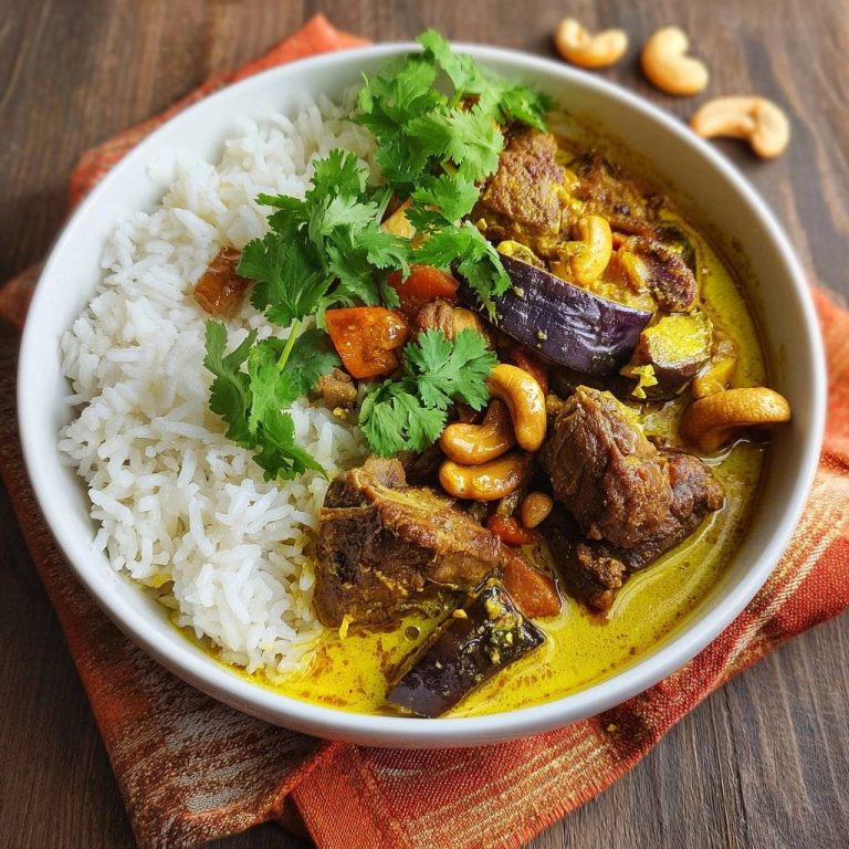 Thailändisches Rind-Gelbcurry mit Aubergine & Cashews, serviert in einer Schüssel, garniert mit frischem Koriander, in einer Nahaufnahme von oben.