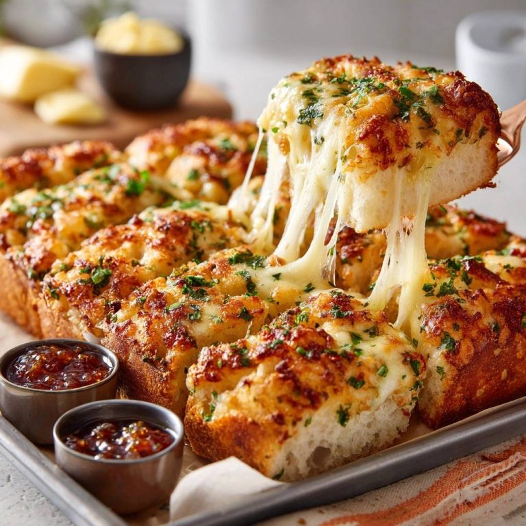 Überbackenes Knoblauch-Käse-Brot mit geschmolzenem Käse, der sich in langen Fäden zieht, serviert auf einem Blech mit Dips.