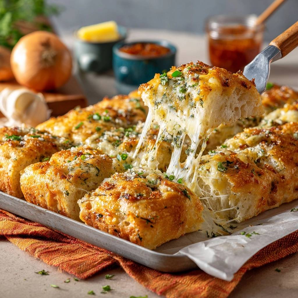 Ueberbackenes Knoblauch Kaese Brot Zerschnitten Kaesefaden 1 Überbackenes Knoblauch-Käse-Brot, frisch aus dem Ofen, zeigt einen köstlichen, zerschnittenen Teil mit langen, geschmolzenen Käsefäden.