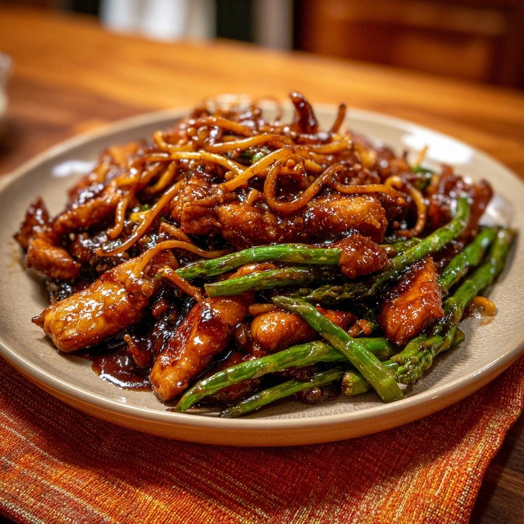 Wok Rind Spargel Knusprige Nudeln Serviert 1 Wok-Rind mit Spargel und knusprigen Nudeln serviert auf einem Teller, mit köstlichem Fleisch und grünem Spargel.