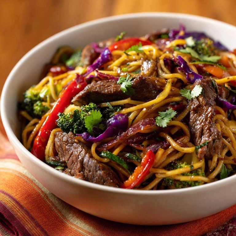 Wok-Rindfleisch-Nudeln mit Gemüse, serviert in einer weißen Schüssel, reich garniert mit frischem Koriander und buntem Gemüse.