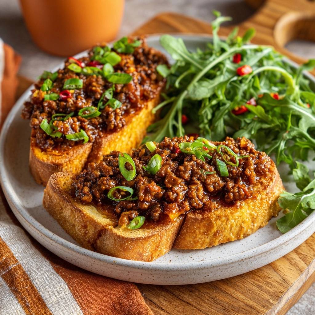 Wurziges Hackfleisch Toast Serviert 1 Würziges Hackfleisch-Toast serviert auf einem Teller mit Rucola-Salat. Der Toast ist mit Hackfleisch bedeckt und mit frischen Kräutern garniert.