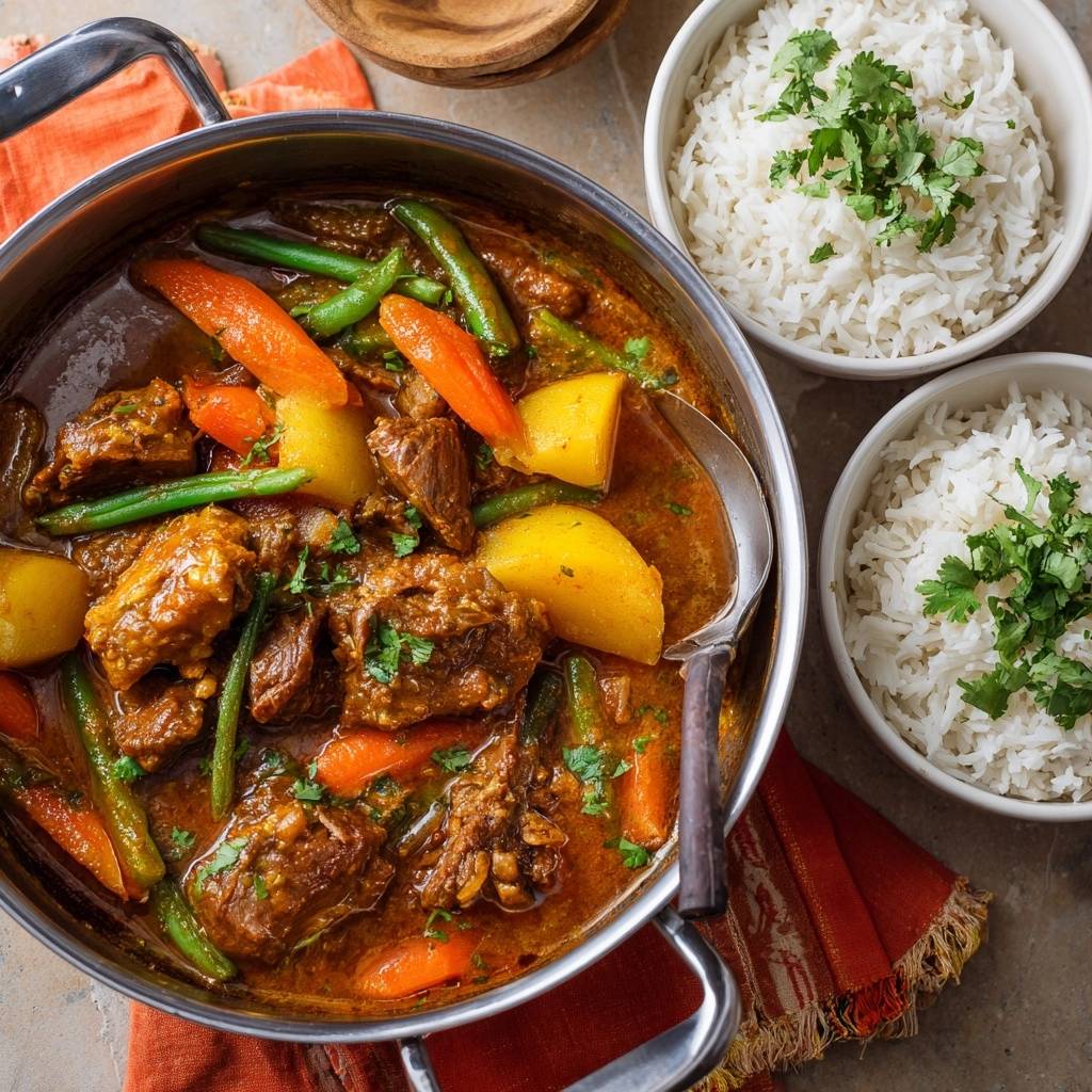 Wurziges Hahnchen Curry Mit Kartoffeln Gemuse Draufsicht 1 Würziges Hähnchen-Curry mit Kartoffeln & Gemüse, serviert in einer Pfanne, garniert mit frischer Petersilie und serviert mit Reis.