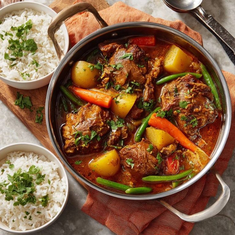 Würziges Hähnchen-Curry mit Kartoffeln & Gemüse, serviert mit Reis und frischer Petersilie, zubereitet in einer rustikalen Pfanne.
