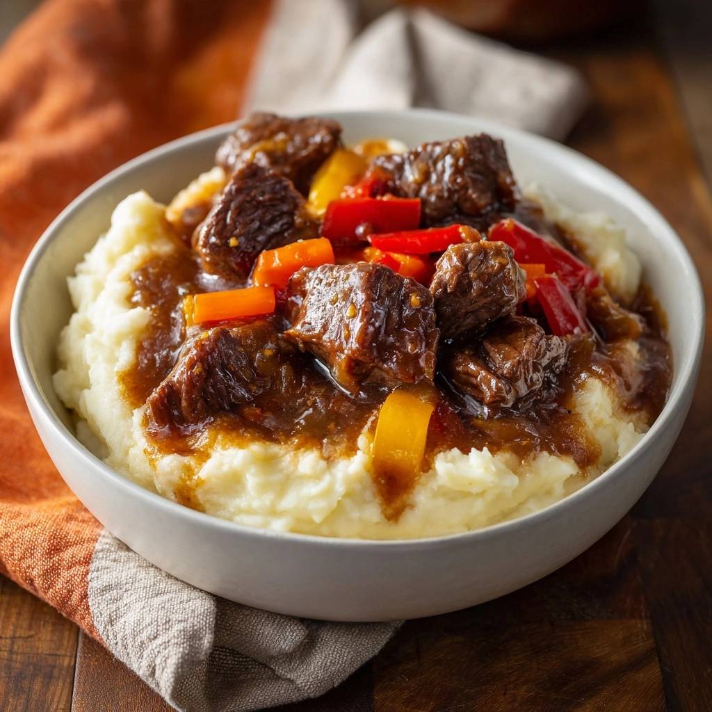 Zartes Rindergulasch Mit Paprika Auf Cremigem Puree Serviert 1 Zartes Rindergulasch mit Paprika auf cremigem Püree serviert in einer Schüssel, mit Paprika und Fleischstücken bedeckt.