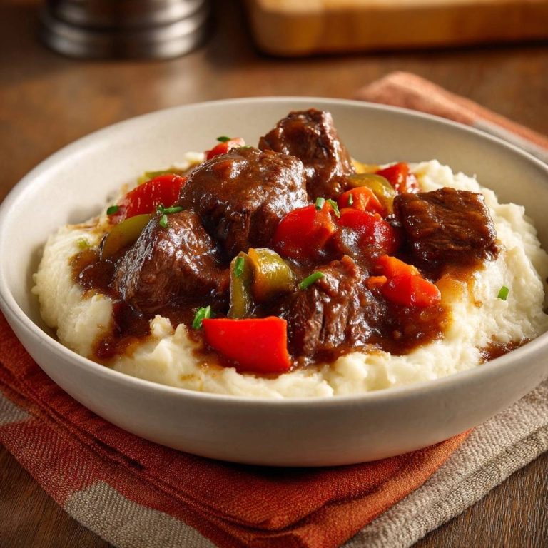 Zartes Rindergulasch mit Paprika serviert in einer Schüssel auf cremigen Kartoffelpüree, garniert mit frischen Kräutern.