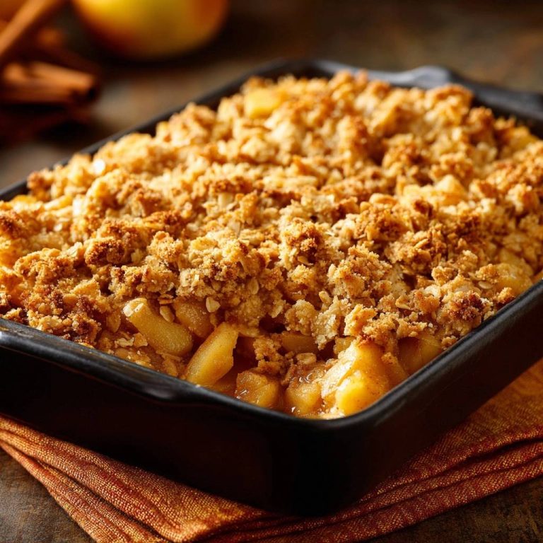 Apfel-Hafer-Crumble in einer schwarzen Auflaufform, serviert aus der Vogelperspektive, mit goldbrauner Kruste und saftigen Äpfeln.