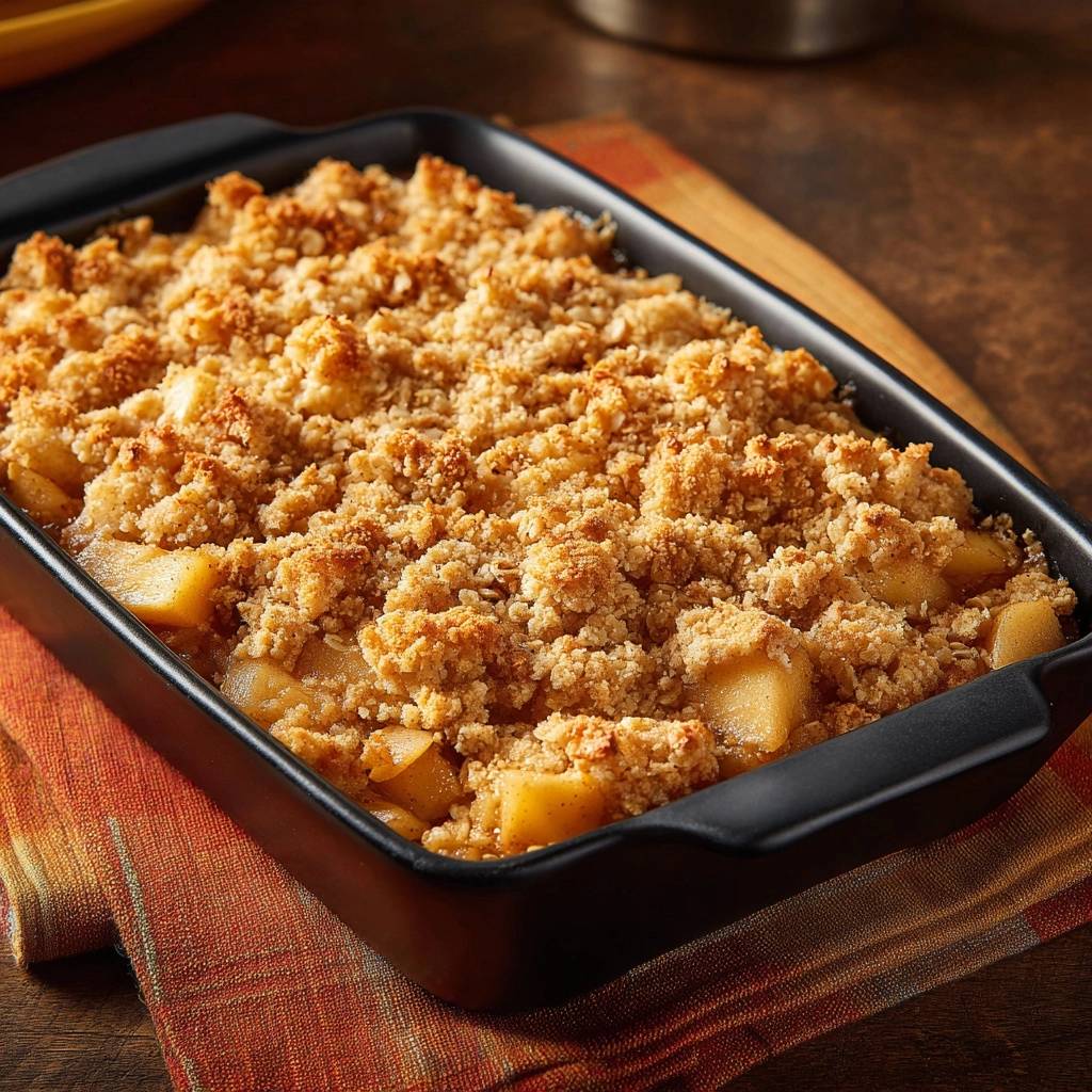 Apfel Hafer Crumble Fertig Gebacken Draufsicht 1 Apfel-Hafer-Crumble in einer schwarzen Auflaufform, frisch gebacken und mit einer knusprigen Haferflocken-Kruste von oben betrachtet.