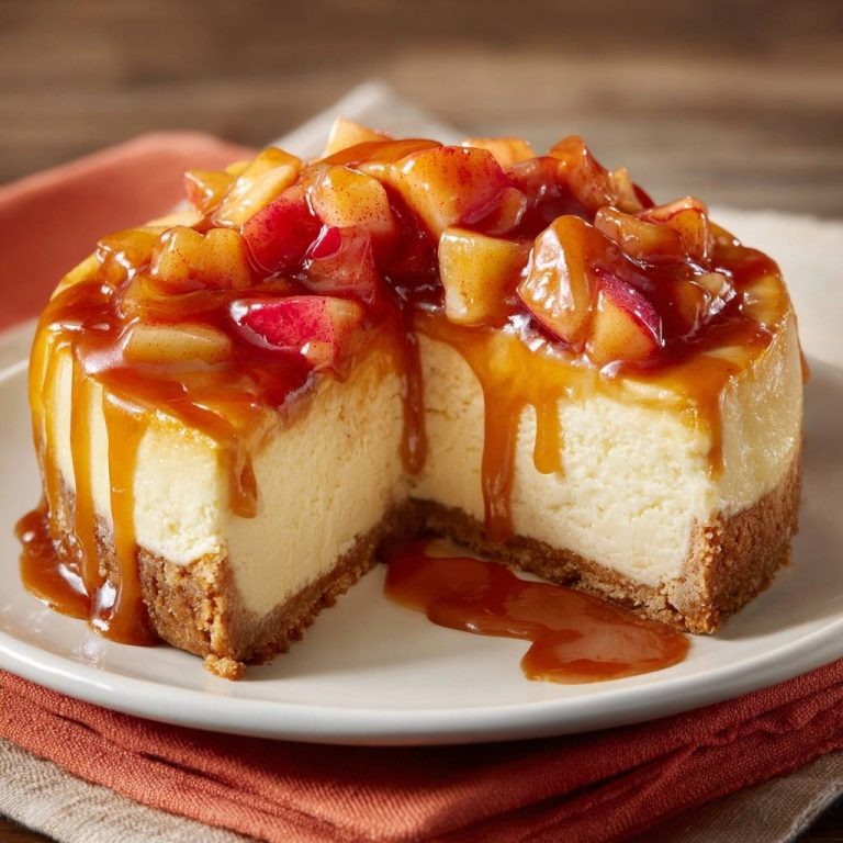 Apfel-Karamell-Cheesecake mit einem Anschnitt, der das cremige Innere und die Karamellsauce zeigt, die herunterläuft.