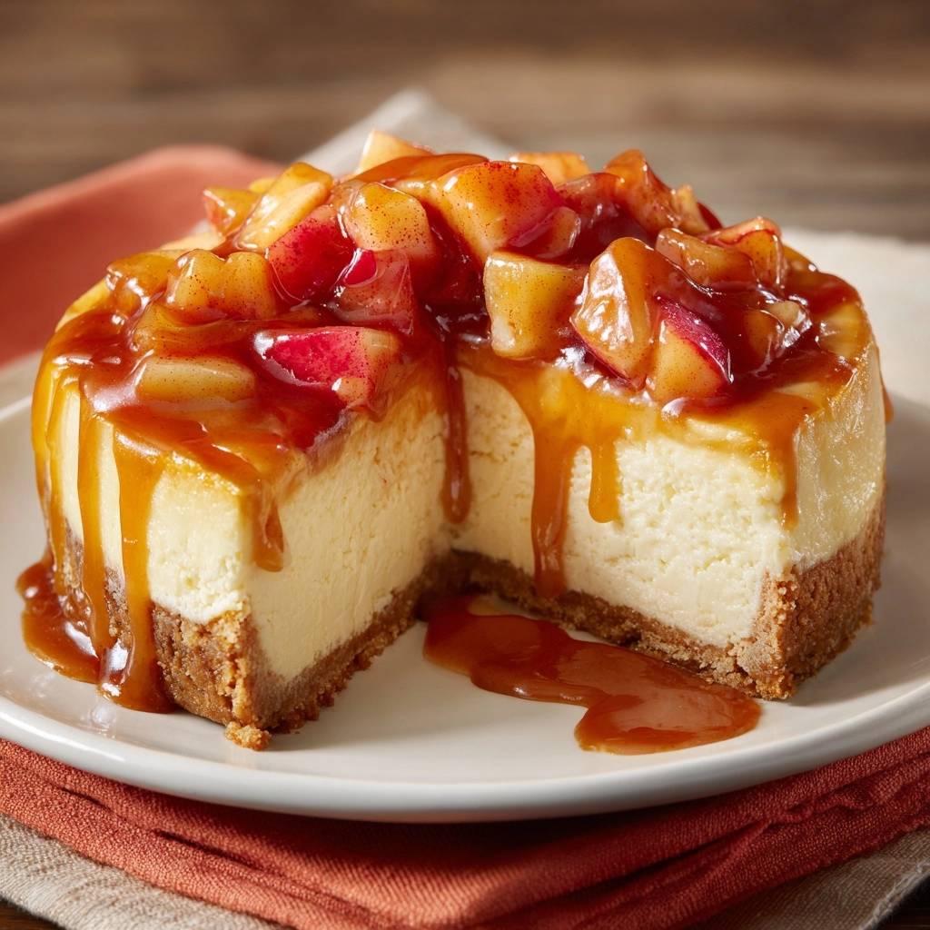 Apfel-Karamell-Cheesecake mit einem Anschnitt, der das cremige Innere und die Karamellsauce zeigt, die herunterläuft.