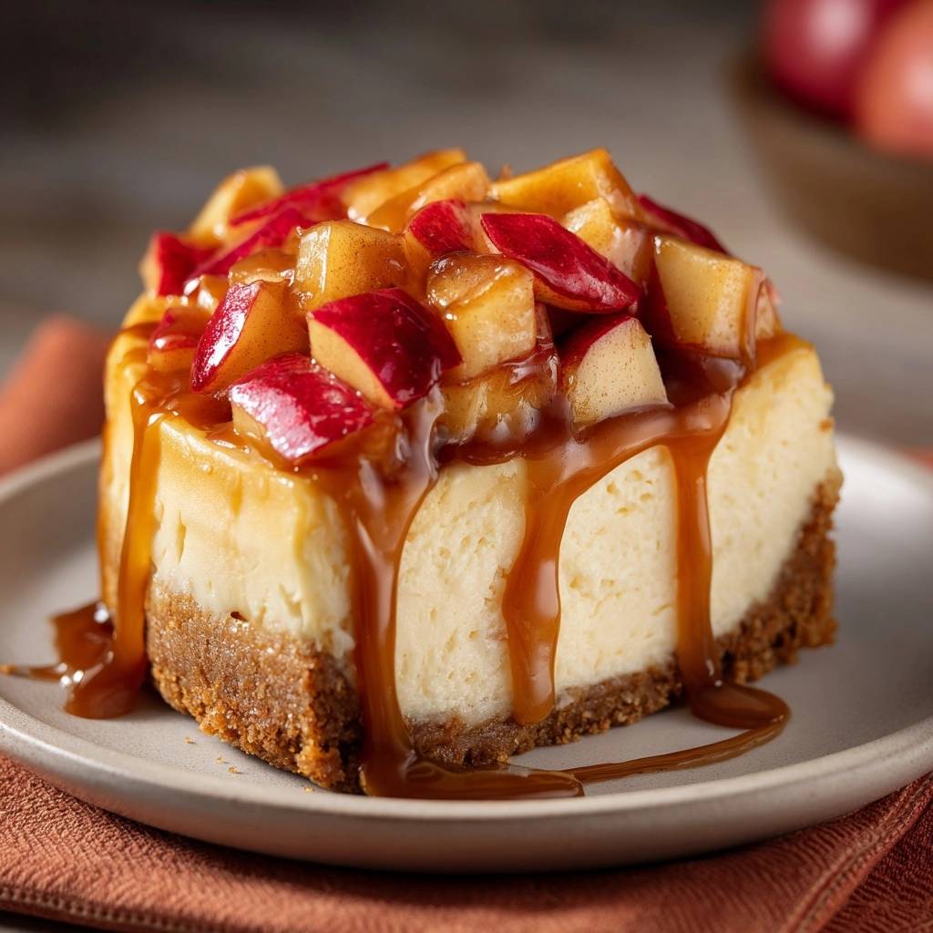 Apfel Karamell Cheesecake Serviert 1 Apfel-Karamell-Cheesecake serviert auf einem Teller, mit karamellisierten Äpfeln und Karamellsauce, die an den Seiten herunterläuft.