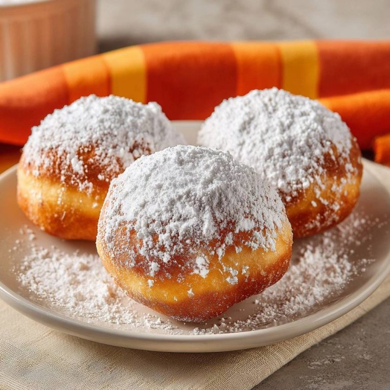 Berliner Pfannkuchen, serviert auf einem Teller, üppig mit Puderzucker bestäubt. Die goldbraunen, frittierten Teigbällchen sind ein Genuss.