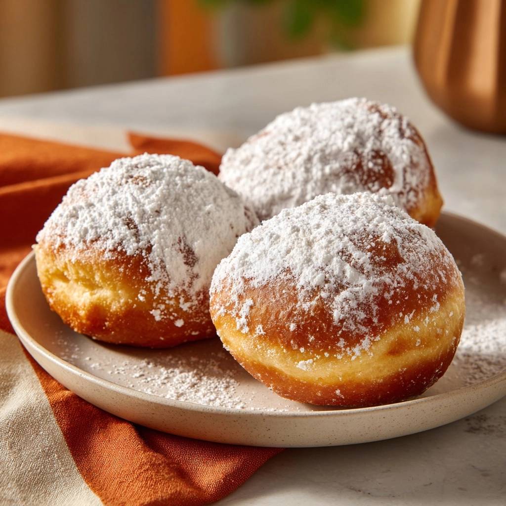 Berliner Pfannkuchen Serviert 1 Berliner Pfannkuchen, serviert auf einem Teller, üppig mit Puderzucker bestäubt, für einen süßen Genuss.