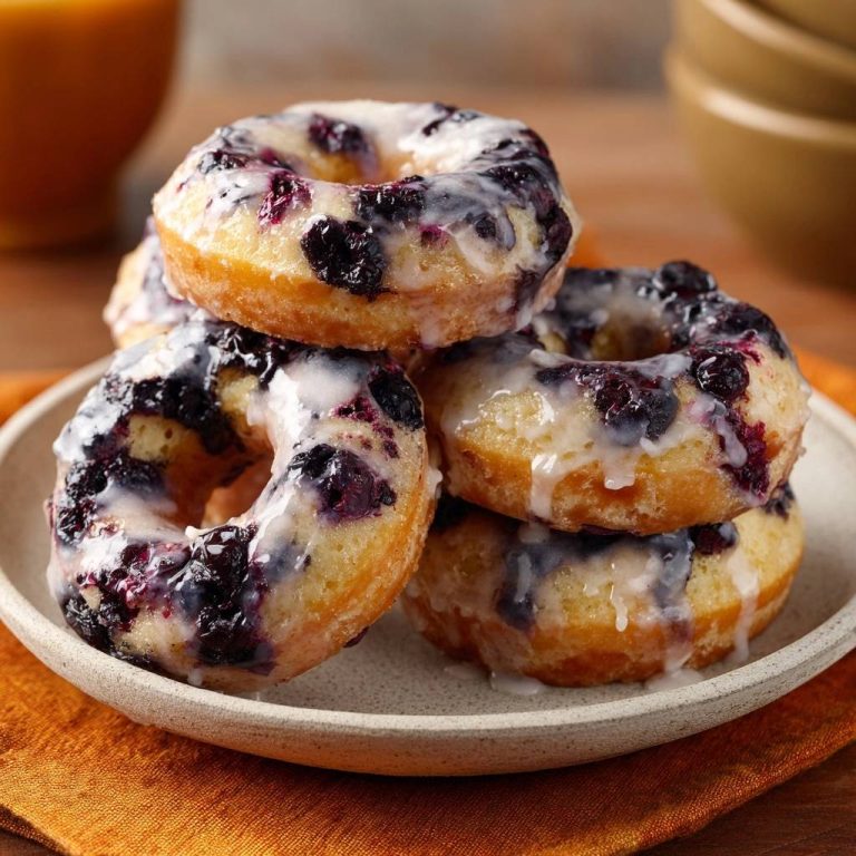 Blaubeer-Donuts mit cremiger Glasur, gestapelt auf einem Teller, mit viel Blaubeeren und reichlich Glasur. Ein süßer Genuss.