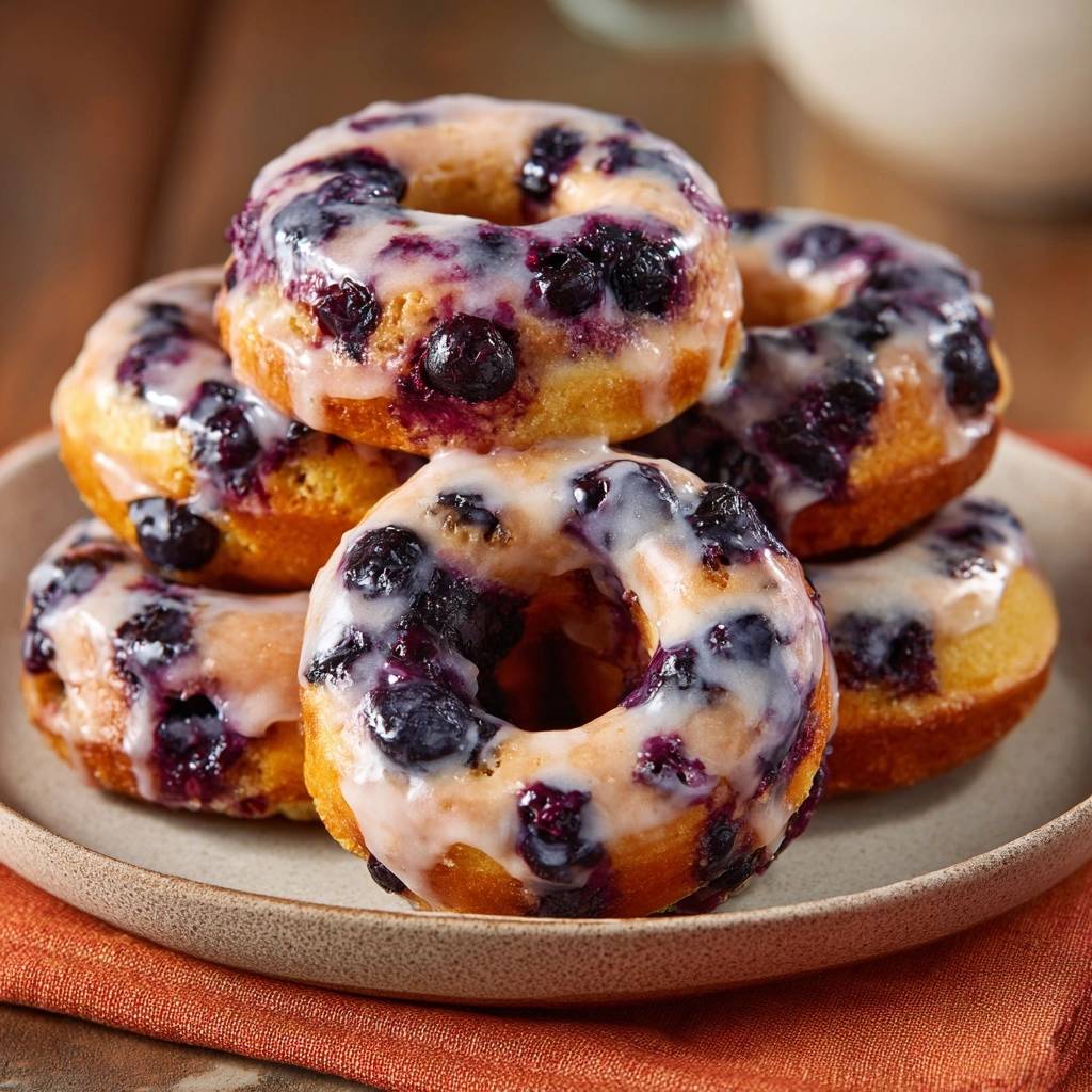 Blaubeer Donuts Mit Glasur Gestapelt 1 Blaubeer-Donuts mit cremiger Glasur sind auf einem Teller gestapelt, ein verlockender Anblick für Naschkatzen.