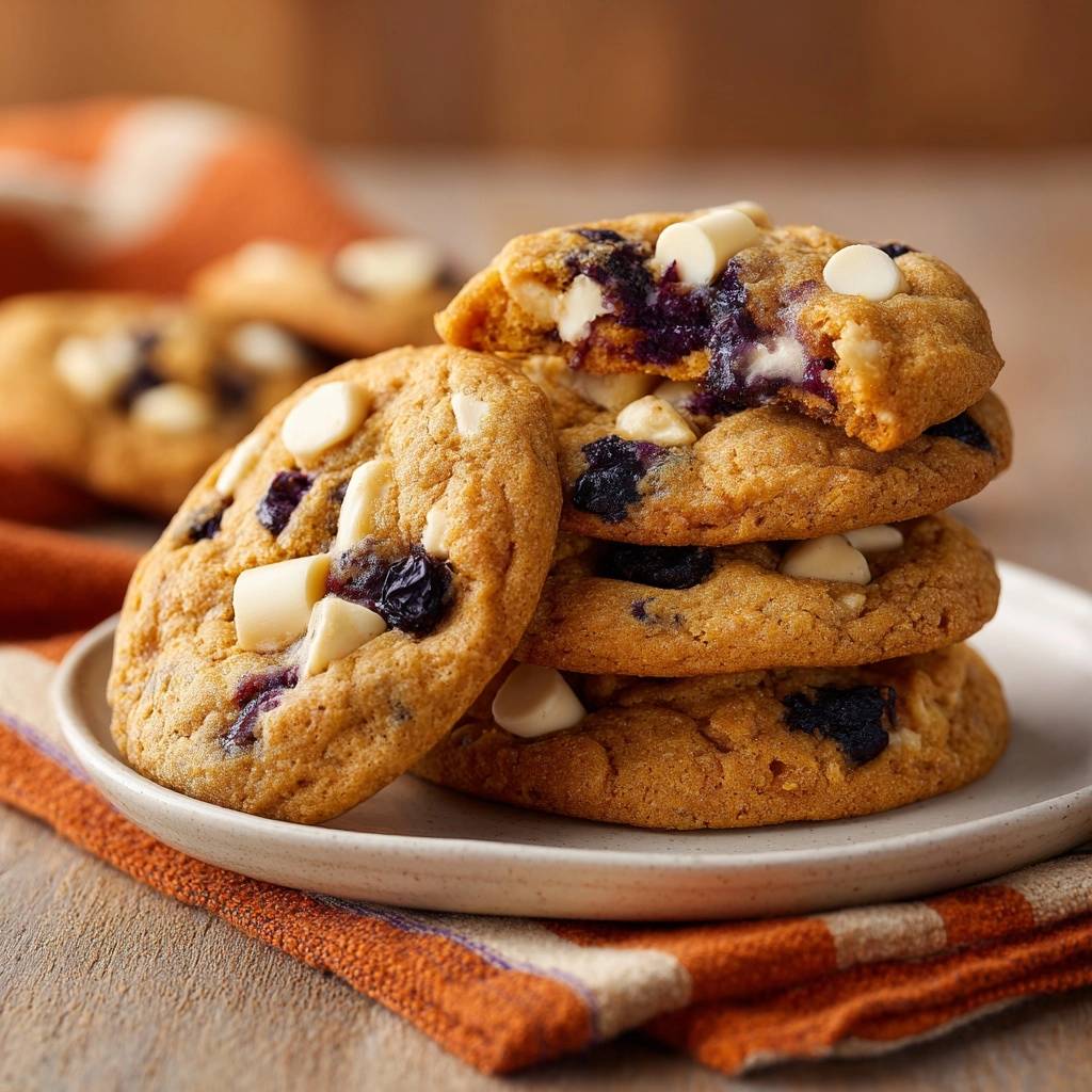 Blaubeer Weisse Schokolade Cookies Querschnitt 1 Blaubeer-Weiße-Schokolade-Cookies mit einem Blick in den weichen Kern, der mit Blaubeeren und weißer Schokolade gefüllt ist.