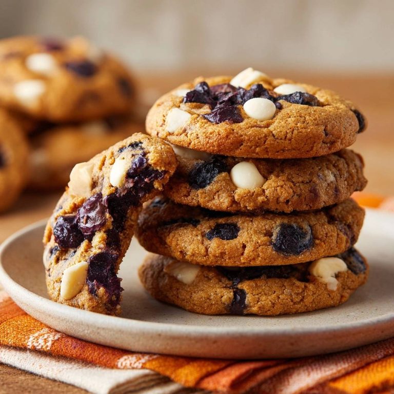 Blaubeer-Weiße-Schokolade-Cookies mit einem herrlich saftigen Querschnitt, der die gebackenen Blaubeeren und Schokostückchen zeigt.