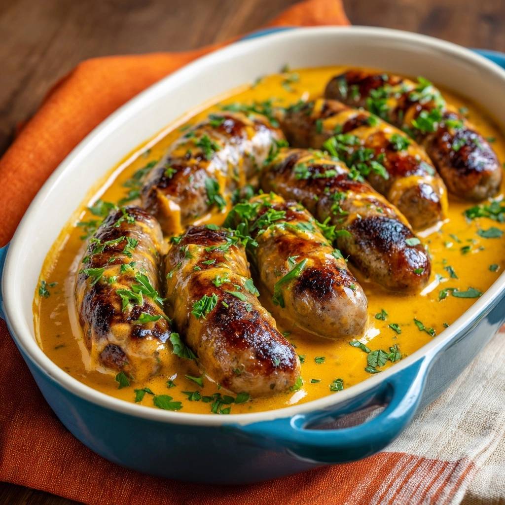 Bratwuerste In Cremiger Senfsosse Serviert 1 Bratwürste in cremiger Senfsoße in einer Auflaufform serviert, garniert mit frischer Petersilie. Die Würste sind goldbraun gebraten.