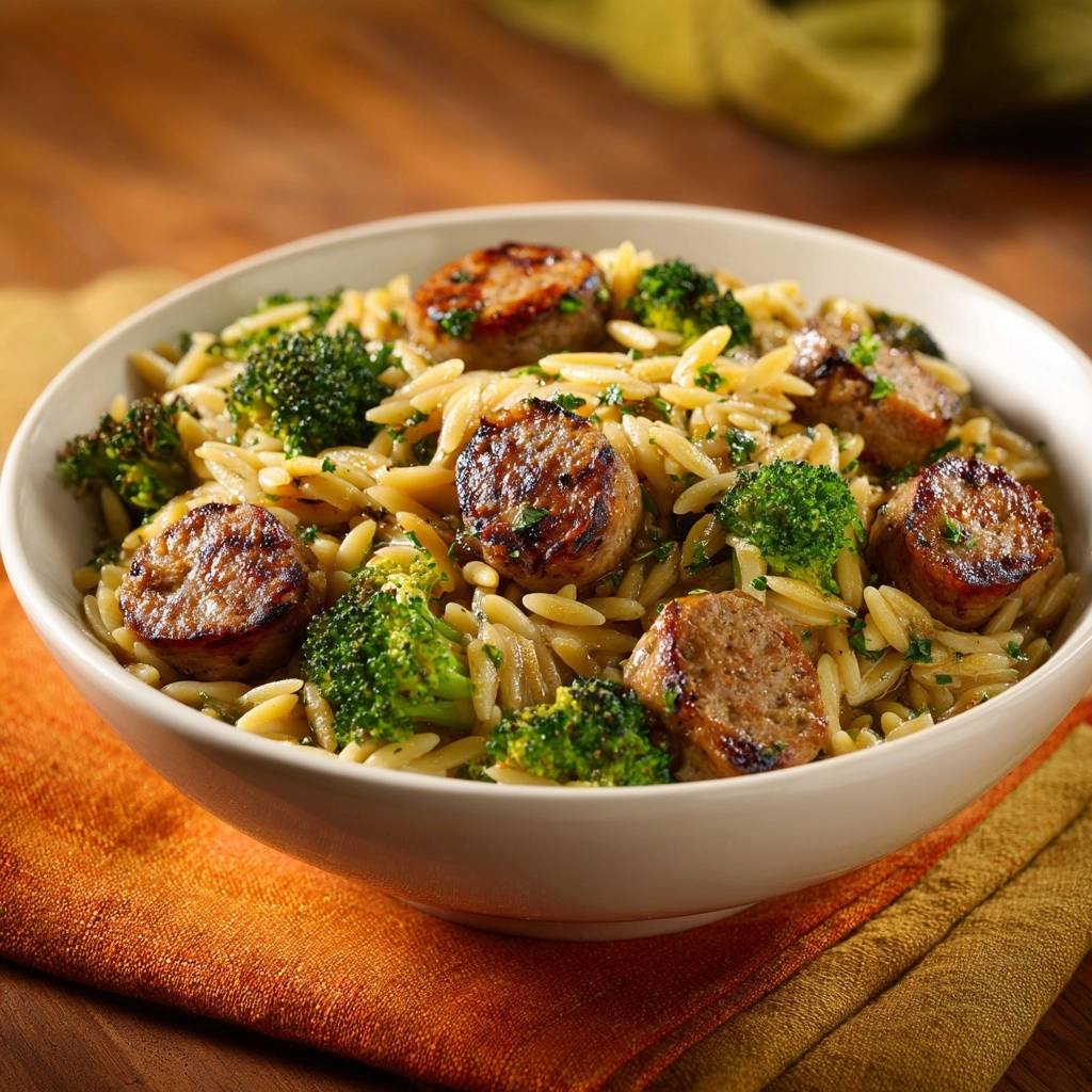 Bratwurst Orzo Mit Brokkoli Nahaufnahme 1 Bratwurst-Orzo mit knackigem Brokkoli in einer Schüssel aus nächster Nähe betrachtet, mit saftiger Bratwurst und frischem Brokkoli.