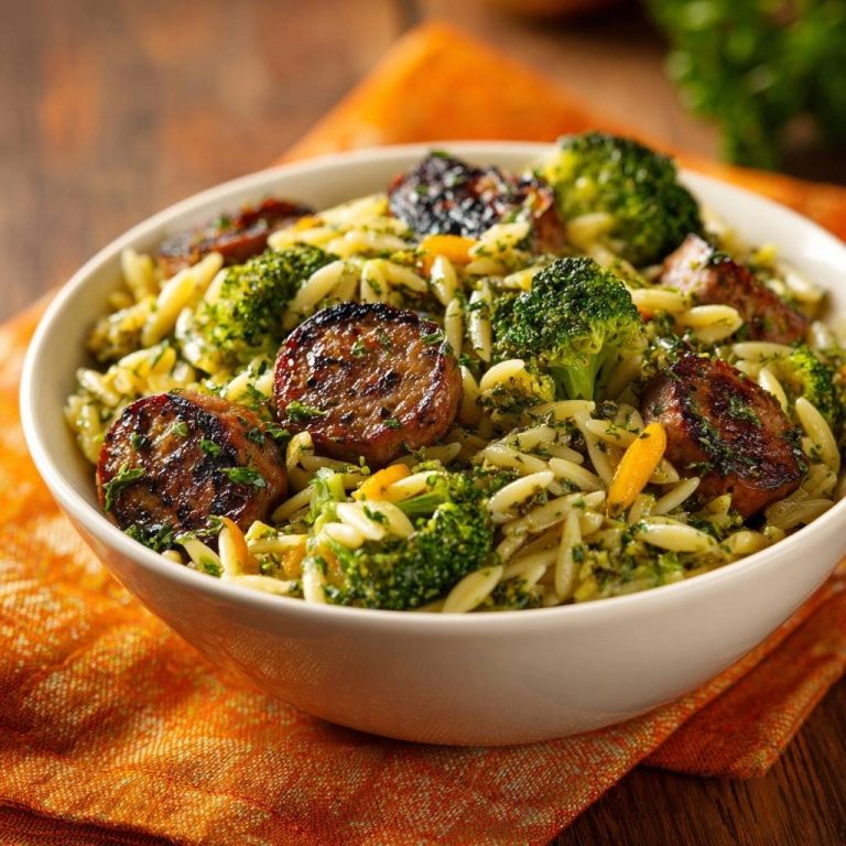 Bratwurst-Orzo mit knackigem Brokkoli in einer Nahaufnahme, serviert in einer weißen Schüssel auf einem orangefarbenen Tischtuch. Das Gericht ist frisch zubereitet und angerichtet.