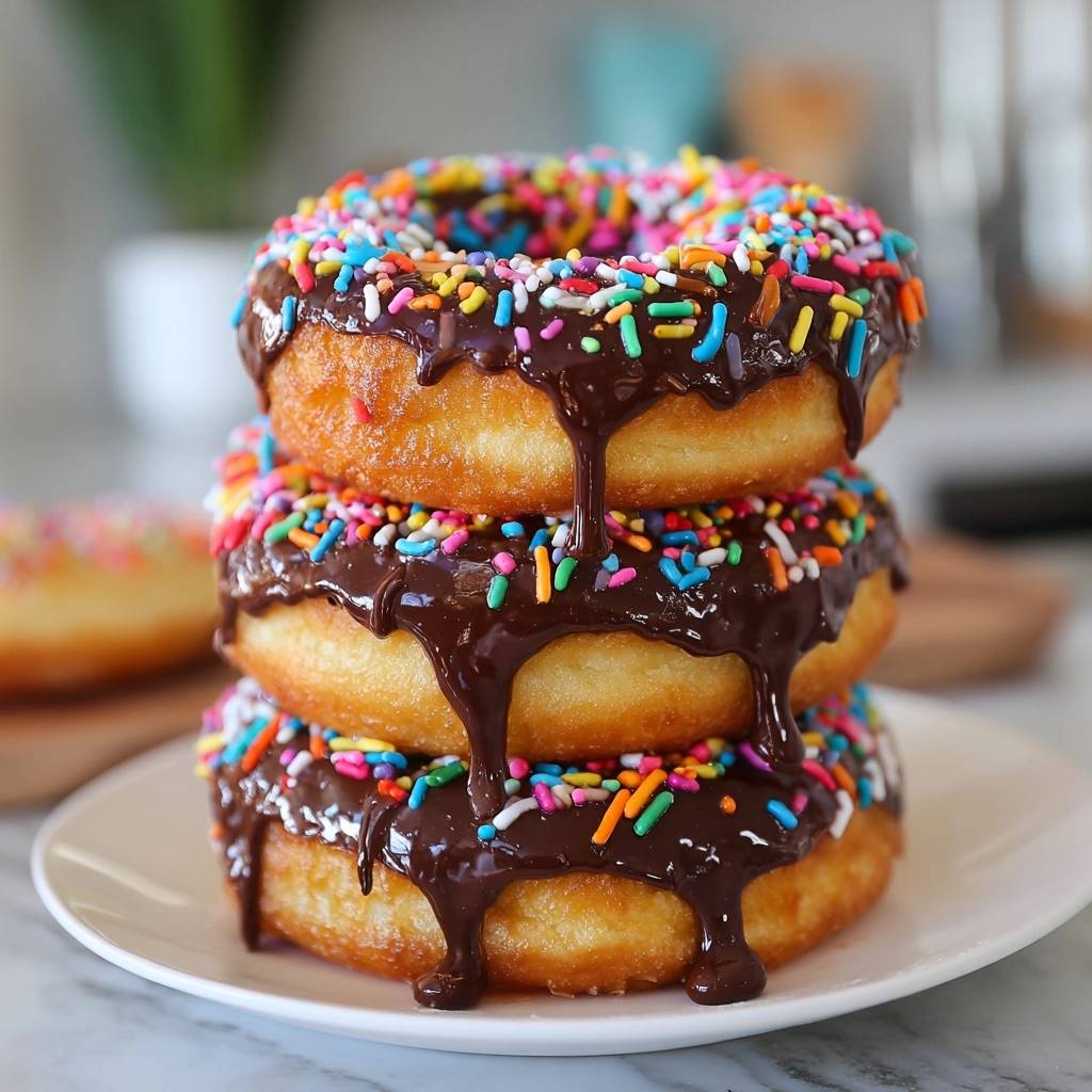 Bunte Schoko Donuts Gestapelt Mit Glasur 1 Bunte Schoko-Donuts sind hier gestapelt, mit geschmolzener Schokoladenglasur, die an den Seiten herunterläuft, und bunten Streuseln.