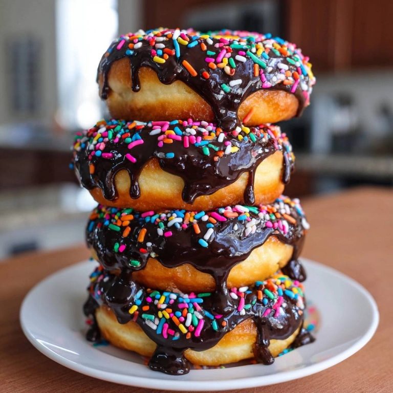 Bunte Schoko-Donuts sind auf einem Teller gestapelt. Die Schokoladenglasur tropft verführerisch von jedem Donut herunter.