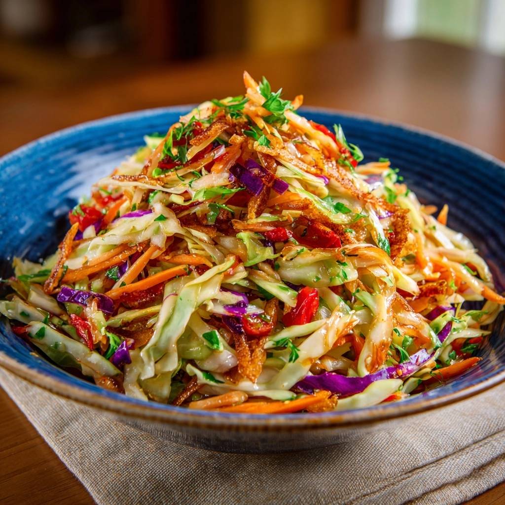 Bunter Asiatischer Krautsalat Draufsicht Serviert 1 Bunter Asiatischer Krautsalat in einer blauen Schüssel, serviert und mit knusprigen Toppings garniert. Der bunte Salat ist ein tolles Gericht für jeden Anlass.