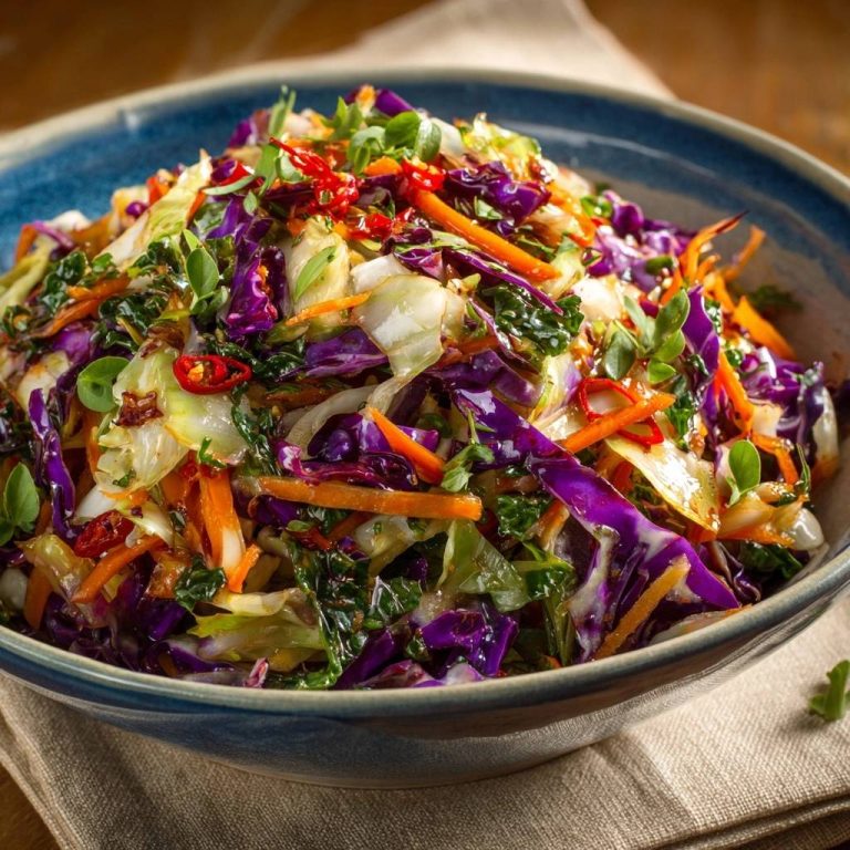 Bunter Asiatischer Krautsalat in einer Schüssel serviert. Eine farbenfrohe und appetitliche Draufsicht, garniert mit frischen Kräutern und Chilis.