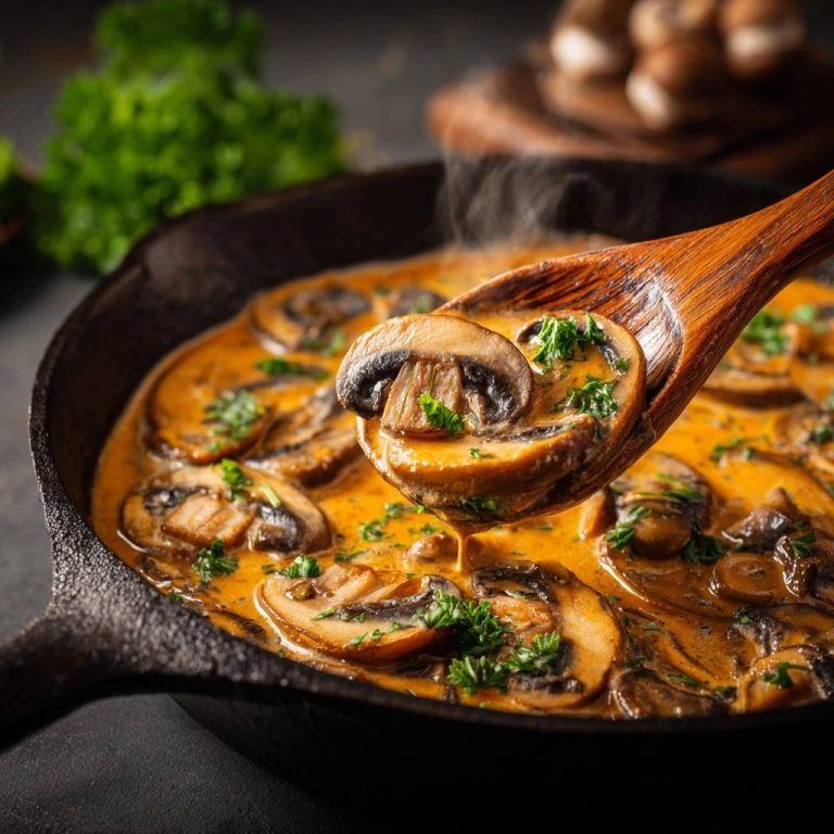 Cremige Champignon-Pfanne in einer gusseisernen Pfanne, serviert mit einem Holzlöffel, der die cremige Sauce und Champignons zeigt.
