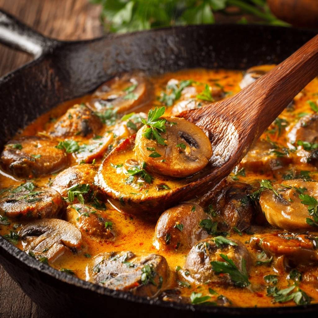 Cremige Champignon Pfanne Nahaufnahme Mit Lffel 1 Cremige Champignon-Pfanne in einer Pfanne. Nahaufnahme mit einem Holzlöffel, der saftige Pilze in cremiger Sauce zeigt.