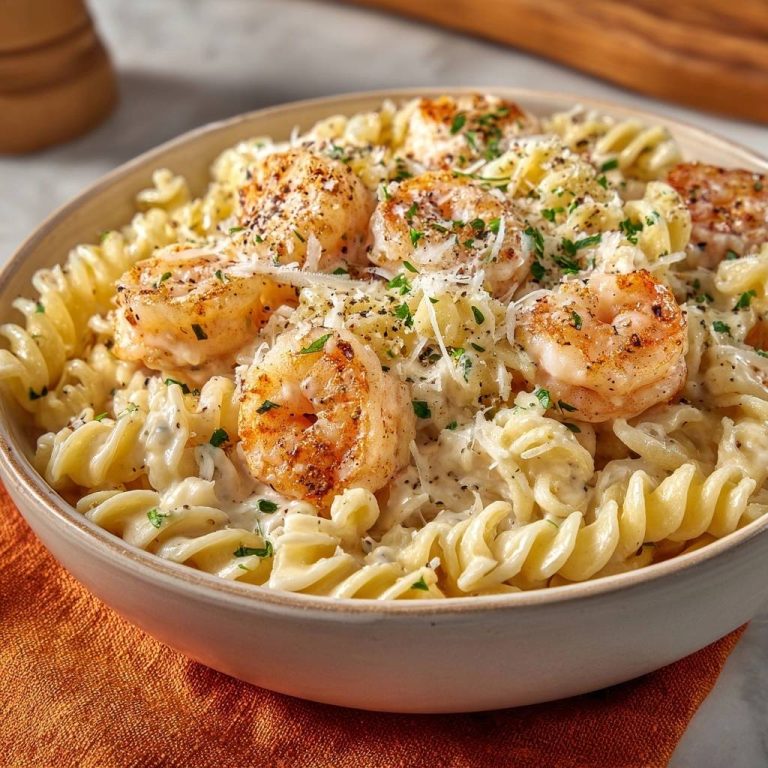 Cremige Garnelen-Fusilli in einer Schüssel serviert, mit saftigen Garnelen und frisch geriebenem Käse garniert, ein köstliches Gericht.