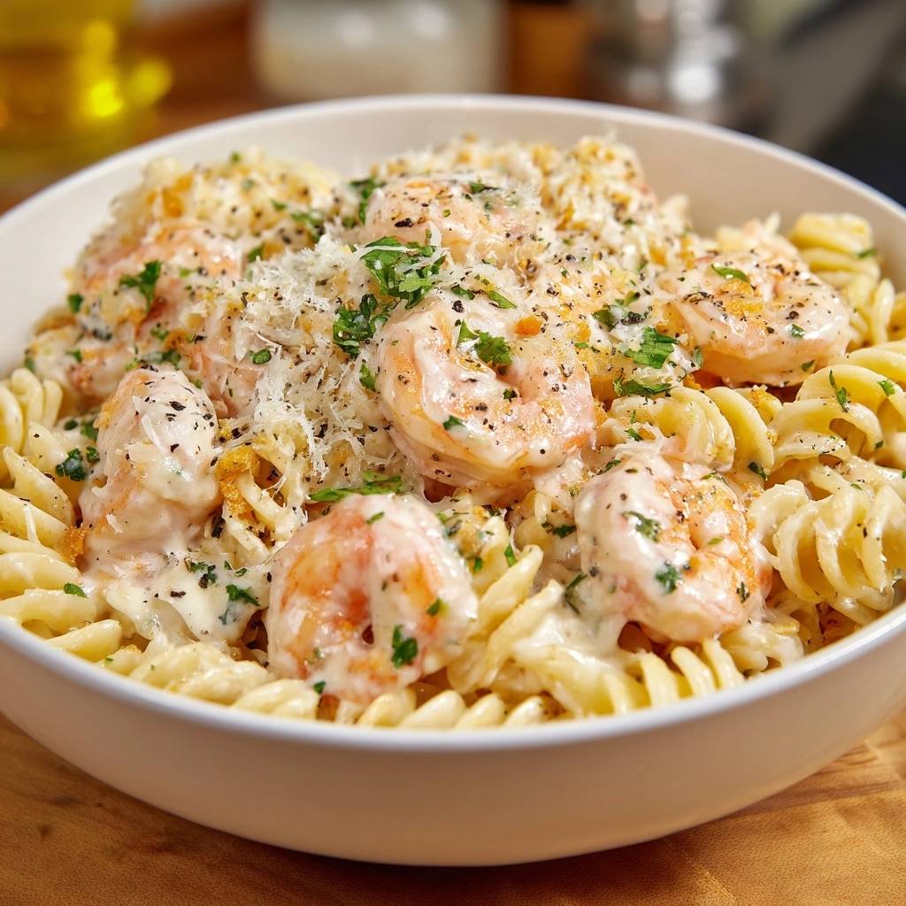 Cremige Garnelen Fusilli Nahaufnahme 1 2 Cremige Garnelen-Fusilli in einer Nahaufnahme, die die saftigen Garnelen und die cremige Sauce zeigt, perfekt serviert.