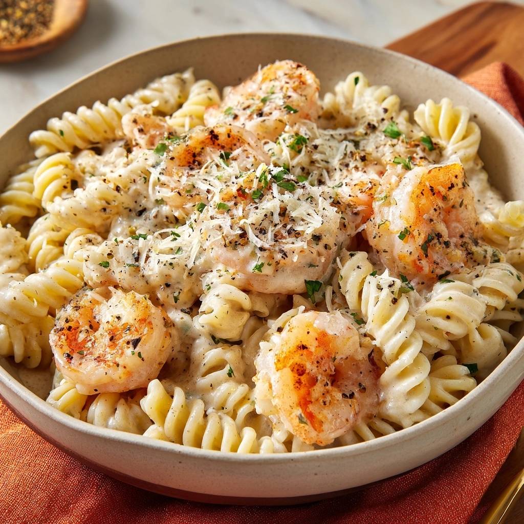 Cremige Garnelen Fusilli Nahaufnahme 1 Cremige Garnelen-Fusilli in einer Nahaufnahme, die die cremige Sauce, die saftigen Garnelen und die Fusilli-Nudeln zeigt. Mit Parmesan und frischen Kräutern garniert.