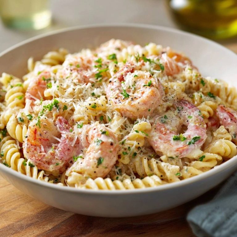Cremige Garnelen-Fusilli in einer Nahaufnahme, garniert mit frischer Petersilie und geriebenem Käse, perfekt angerichtet.