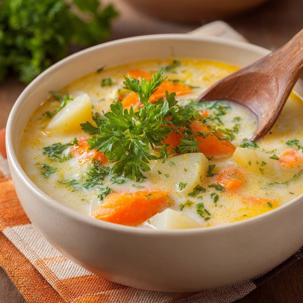 Cremige Garnelen Kartoffelsuppe Nahaufnahme Mit Lffel 1 Cremige Garnelen-Kartoffelsuppe in einer Schüssel, Nahaufnahme mit einem Holzlöffel, der durch die cremige Suppe rührt. Die Suppe ist mit frischer Petersilie garniert.