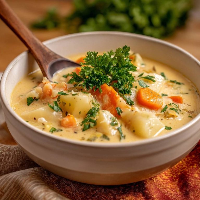 Cremige Garnelen-Kartoffelsuppe in einer Schüssel serviert, garniert mit frischer Petersilie und einer Holzkelle, bereit zum Genießen.
