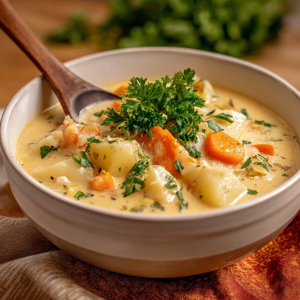 Cremige Garnelen-Kartoffelsuppe in einer Schüssel serviert, garniert mit frischer Petersilie und einer Holzkelle, bereit zum Genießen.