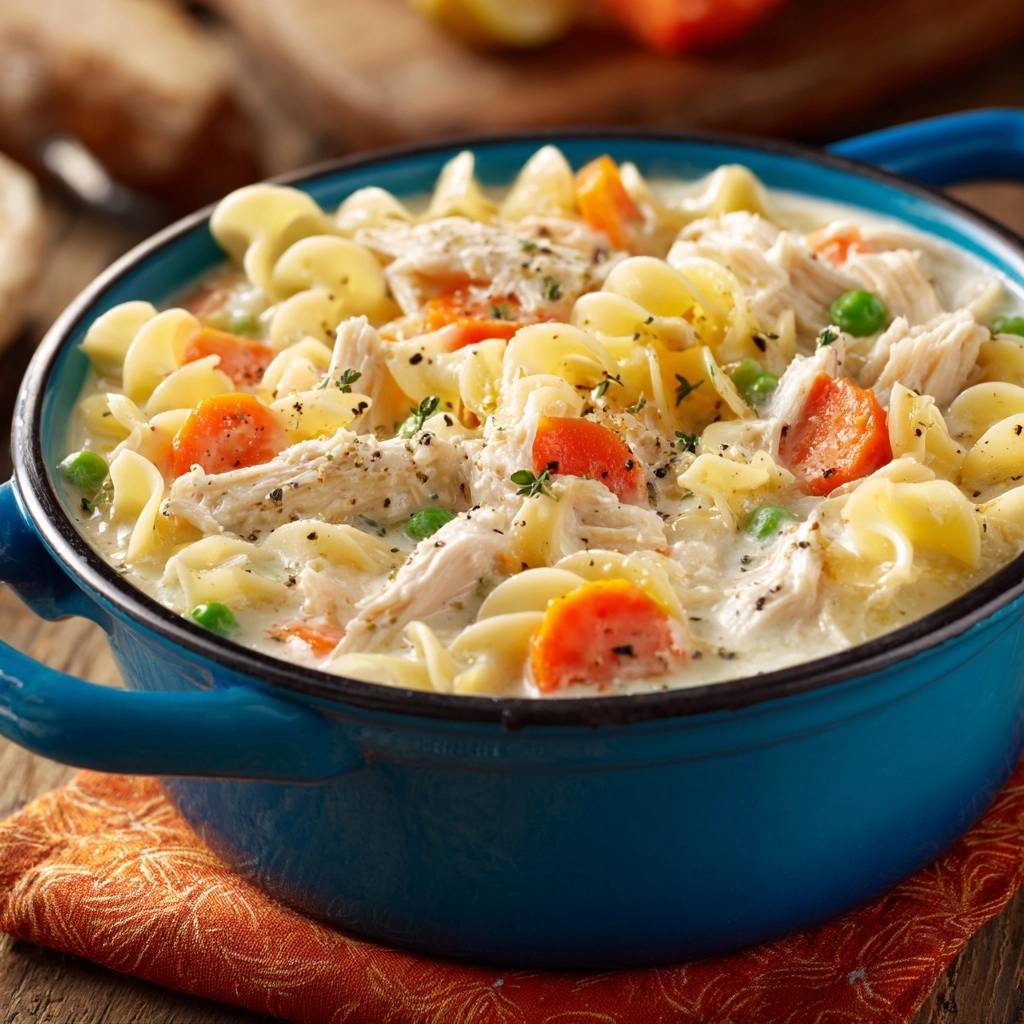 Cremige Huehnernudelsuppe Nahaufnahme 1 Cremige Hühnernudelsuppe in einer blauen Schüssel, Nahaufnahme mit Karotten, Erbsen und Nudeln. Die cremige Textur ist besonders gut sichtbar.