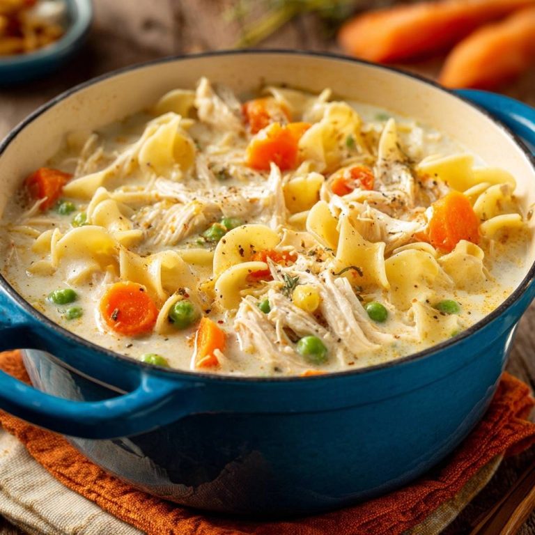 Cremige Hühnernudelsuppe in einer blauen Schüssel serviert, mit Nahaufnahme von Nudeln, Hühnchen, Erbsen und Karotten.