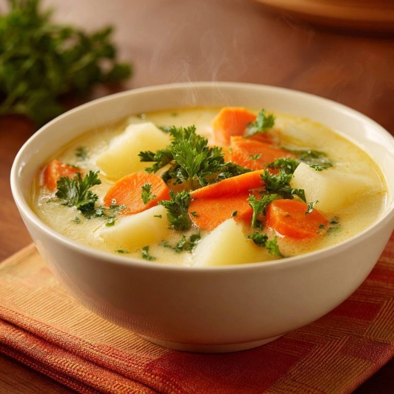 Cremige Karotten-Kartoffelsuppe in einer weißen Schüssel, angerichtet mit frischer Petersilie, dampft heiß vor Genuss.