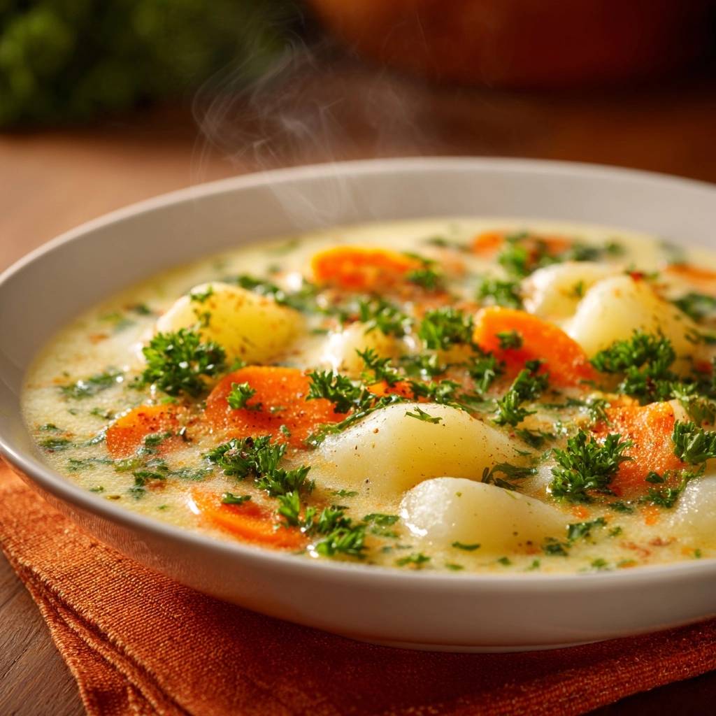 Cremige Karotten Kartoffelsuppe Nahaufnahme Mit Dampf 1 Cremige Karotten-Kartoffelsuppe in Nahaufnahme, dampfend heiß serviert und mit frischer Petersilie garniert, bereit zum Genießen.
